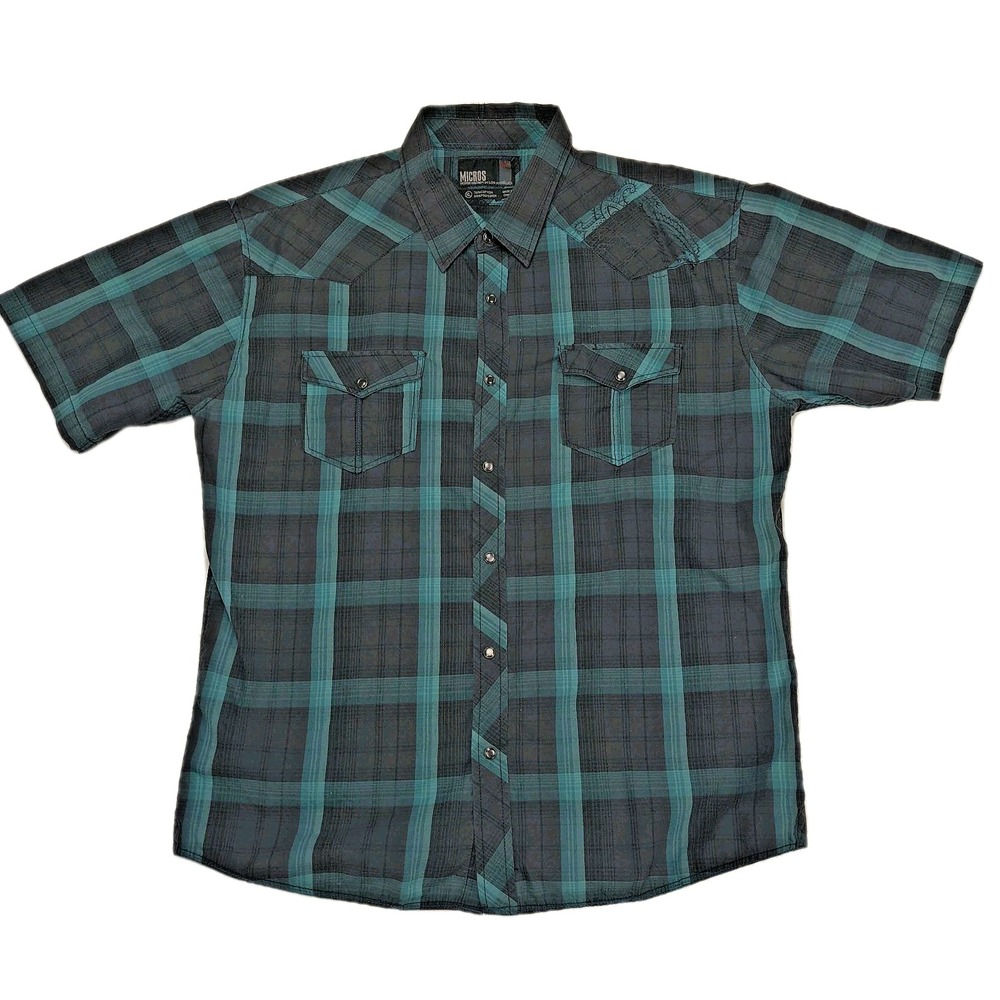 Micros Mens XL Teal Black Plaid Short Sleeve Pearl Snap Western Shirt M2FS-1321R